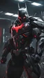 Placeholder: A close picture to batman cyborg with Mix between transformers and batman and symbiote venom with black color and red details and with little red light in cyberpunk art style