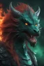 Placeholder: 3D, the anthropomorphic black Chinese Indian werewolf Dragon with Long wavy, curly (((red hair))) and bright, (((sea-green eyes))), breathing fire - full color - 32k, UHD, 1080p, 8 x 10, glossy professional quality digital photograph - dark foggy gradated background, historic, powerful, octane rendering, exquisite detail, 30 - megapixel, 4k, 85 - mm - lens, sharp - focus, intricately - detailed, long exposure time, f8, ISO 100 - back - lighting, ((skin details, high detailed skin texture))