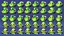 Placeholder: game sprite sheet of 30 images of stylized frog, view from six different angles covering 360°, collection sheet, arcade game, digital art