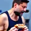 Placeholder: Volodymyr Zelensky WITH A BEARD wearing TANKTOP EATING A HOTDOG