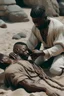 Placeholder: A black-skinned slave is being tortured by his rich, white-skinned master. He places a large rock on his body while he is sleeping on the sand.