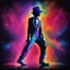 Placeholder: psychedelic colorful silhouette of Michael Jackson on toes, dramatic, hat, stardust