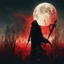 Placeholder: double exposure silhouette of brilliant fantastical cloaked Grim Reaper with red glowing eyes, moon rising over field of cornstalks, dark-gold scythe with red drip, Eldritch aesthetic, by Zdzislaw Beksinski, by Aeron Alfrey, by Russ mills, intricately detailed, complex contrast, dynamic composition; cinematic lighting; meticulously composed concept art, masterpiece, macabre, sinister, grand design