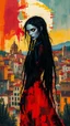 Placeholder: full body, wildly stylized abstract realist painting of a bold, audacious female vampire with highly detailed long dark braided hair and facial features and glowing eyes in the style of Jeremy Mann, her silhouette residing amidst bold, attention-grabbing abstract design that's defined by a wash of vibrant, highly saturated natural hues, juxtaposed against stark, surrealist medieval Spanish landscape of bustling colored cityscapes