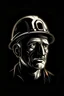 Placeholder: minimalist, primitive art coal miner portrait as icon for an app or logotype. A little tired, A little dirty. He keeps a vertical hack besides his right shoulder. He wears а headpiece with a headlight