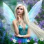 Placeholder: Fantasy fairy with transparent wings, smiling, make up, long platinum blond hair with crown and flowers, blue dress, flower background