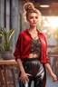 Placeholder: full body ,young woman with clear eyes, messy bun hair, bouncing looking back, soft velvet red/black two piece printed outfit, morning sun, cute, full body, ultra realistic, a variety of small details in the background, hyper realistic, surprised, sweet smile, 8k, HDR, 500px, by Koos Roos