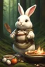 Placeholder: Cute chubby bunny floppy ears adventurer dnd cooking in a forest art realism