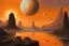 Placeholder: Orange sky, planet in the sky, rocks, mountains, sci-fi, 80's sci-fi movies infuence, walter leistikow, hans am ende, and ernest welvaert impressionism paintings