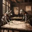 Placeholder: two anthropomorphic wolf stand around the old wooden table. They studying two map which features markings drawing are visible. one map lies down on big wooden table, one map holds his paws, older wolf a gnarled tree leans on a stick, in background the room's massive wooden walls, one little window, high realistic, detailed, cinematic mood