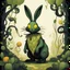 Placeholder: Bipedal creature resembling a Rabbit with bright green fur and yellow eyes surrounded by black and a long vine that ends in a leaf growing from it's head, background gourd garden in cartoon art style