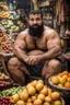 Placeholder: half figure photography of a burly chubby muscular strong 39-year-old arab in Istanbul bazaar, ajar mouth, shirtless, short beard, curly hair, serious, , selling fruits sitting on an old chair, big shoulders, bulge, manly chest, very hairy, side light, view from the ground