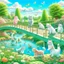 Placeholder: in the center: beautiful chunky cats dancing on a bridge , background: landscape, first plan: pink flowers and a small river with blue water, sky: white clouds with more cats sitting on them