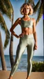 Placeholder: woman in satin yoga leggins, standing towards camera, face towards camera, total body, standing frontal, photographed by rankin, surfer hair, good shape, background palmtrees, medium length wavy bob haircut, satin, shiny, gritty, light from left