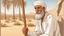 Placeholder: Old man, Arab, turban, white clothes, cattle, desert, council, sun, palm trees, mud houses, holding a stick, looking forward, a very slight smile.cartoon,Sitting on a chair,long beard,Mouth slightly open,Realistic features, portrait