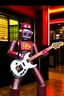 Placeholder: A hard rock robot is hosting a radio show in a m