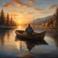 Placeholder: old man fishing in a rowboat with his dog sitting in the front seat, fishing pole, lake, sunset, setting sun glare, reflective, moody, nostalgic, cabin, matte oil painting, medium brush strokes, masterpiece