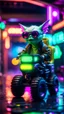 Placeholder: portrait of ghost Gremlin myth buster pimp ninja yoga cyber punk in flying hipster lawn tractor parked in dark neon lit reflective wet arcade hall tunnel,bokeh like f/0.8, tilt-shift lens 8k, high detail, smooth render, down-light, unreal engine, prize winning