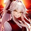 Placeholder: Clear focus, 8k, beautiful lighting, vibrant colors, girl, white long hair, vibrant golden eyes, messy hair, hair in between the eyes, laughing, angry, miko, ponytail,