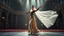 Placeholder: A full-body cinematic photograph of a graceful Azerbaijani woman performing a traditional national dance. She wears an intricately embroidered velvet bodice and a flowing long silk skirt. On her head is a small ornate traditional crown with a long, translucent white lace veil flowing elegantly behind her. She stands in a poised, elegant dance pose on a sleek modern performance stage with dramatic professional spotlighting. The stage is set inside a massive opulent royal hall with high ceilings,