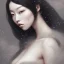 Placeholder: A portrait of a beautiful curvaceous japanese woman with long straight curly black hair, wearing a mama claus dress with a deep v neck, sorceress, magical, ethereal, intricate, sharp lighting, misty. Painting, high quality, Ultra quality 8k.