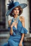 Placeholder: full body beautiful girl, elegant blue lace clothes of the 80s, luxury style, small elegant hat with feather, hair of the 80s, pearl necklace, earrings masterful, beautiful face