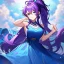 Placeholder: Clear focus, 8k, beautiful lighting, vibrant colors, girl, purple hair, long hair, vibrant blue eyes, ponytail, messy hair, blue dress,