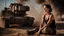 Placeholder: beautiful slender caucasian female technician, black tank top, well toned muscles, weathered face, scratched sand camo metal details, short brunette wavy bob haircut, dystopian, desert scene with smoke and explosions, bloody wounds