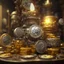 Placeholder: dynamic lighting, Intricately detailed, Splash screen art, deep color, Unreal Engine, volumetric lighting, silver coins, gold coins, silver treasure, stacked coins, indoors, candle, altar, black table, sigil, shiny, metallic, bullion,