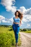 Placeholder: 1beautiful lady in nice top and blue pants with curvy hair,country side ,blue sky nice clouds,