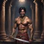 Placeholder: Hyper Realistic shirtless muscular handsome short black hair Indian King smiling & holding sword in a huge dark catacombs with traditional pillars at night