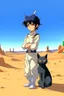 Placeholder: Meryl Stryfe Trigun young girl short black hair anime white clothes standing in the desert with a cat in her arms