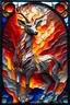 Placeholder: 3D embossed textured ethereal image, beautiful fire gazelle with clear, sanpaku red-brown eyes, long multi-hued red-gold hues, sparks shooting from its hooves, cavorting in molten lava; made of stained glass, agate with gold foil highlights, coals. red, orange, yellow, blue, silver, grey, black; 3D, fire, flames, smoke, nebula sky, crescent moon, glowing embers, gold smoke, sparks, realistic