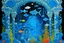 Placeholder: A blue underwater kingdom with fish and merfolk designed in ancient Roman mosaics painted by Andy Warhol