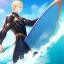 Placeholder: ONE anime blonde boy, riding the perfect waves, standing and balancing on a surfboard, going through a huge wave