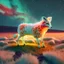 Placeholder: Colorful alien sheep fox chimera, white and red orange fur, muddy green grass farm prairie, stars night cinematic lighting, ray tracing volumetric lighting, field of depth