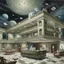 Placeholder: a realistic drawing of a hotel in space. This hotel houses people with the appearance of money, banknotes. The sense of this painting is of a place where money can 'relax' from its stressful use by people on a daily basis.
