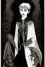 Placeholder: 7 year old boy, necromancer, friendly, looks dead,with a long lamprey emerging from his belly , wearing black robes, in the style of Harry Clarke