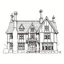 Placeholder: A detailed ink illustration of a front elevation of a Tudor fantasy house, with a tall chimneys and roofs.