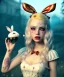 Placeholder: Ultra realistic wonderland photo, hot, happy blonde Alice woman and white rabbit smoking a pipe, blue dress, circus dress style, black headband with bow, old school tattoo, smoke, marijuana garden, glow eyes, perfect iris, soft color, highly detailed, unreal engine 5, ray tracing, RTX, lumen lighting, ultra detail, volumetric lighting, high definition.