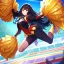 Placeholder: Clear focus, High resolution, long black fluffy hair, red eyes, chopped bangs, wearing a cheerleading outfit, jumping