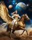 Placeholder: Realistic photography take photoshoot from far, facing front view of a beautiful female angel straddle wings dressed in gown traditional queen clothing riding a golden horse-drawn carriage, flying in space, a galaxy surrounded by planets