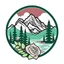 Placeholder: mountains river, Siberian cedar, rhododendron branch on the front, all on simple vector emblem