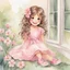 Placeholder: watercolor, full body, cute smile girl, curly hair, big eyes, long brown hair, pink dress, pink shoes