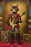 Placeholder: A full length portrait of a rocker-style cat mixed with a rusted robot, carrying a guitar, baroque painting by Walter Popp