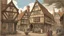 Placeholder: A Paved Courtyard, With Tudor Gothic Houses, Tall Chimneys, Crooked Roofs, a small stream, People, Shops,