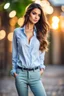 Placeholder: the genre is modern, a beautiful woman model and actress, long hair, bright eyes perfect facial features,wearing pants and pretty shirt, a very beautiful favorite, a full body, he stands tall, background bokeh