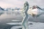 Placeholder: in a frozen sea with pretty mountains a full model lady statue with long curvy hair made of frozon water in artist pose standing over frozon water looking at camera, of clear glass like ice that going to melt and water drops fall from all body.