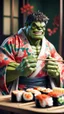 Placeholder: a hulk eating sushi with chopsticks, wearing a colorful kimono, 8k