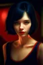 Placeholder: 1girl, black camisole, black hair, blue eyes, camisole, closed mouth, film grain, looking at viewer, red lips, shirt, short hair, solo, upper body